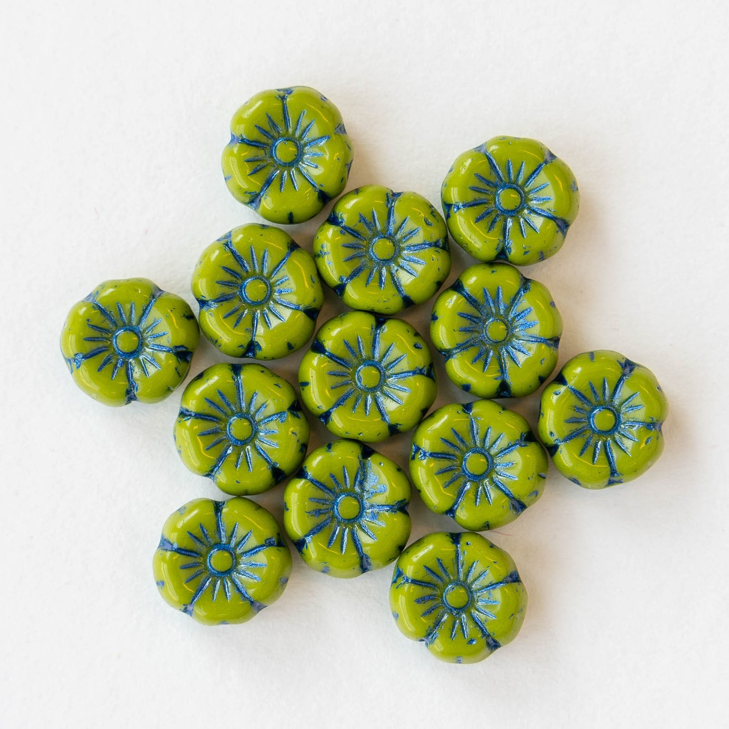 8mm Glass Flower Beads - Lime Green with Blue Wash - 20 beads
