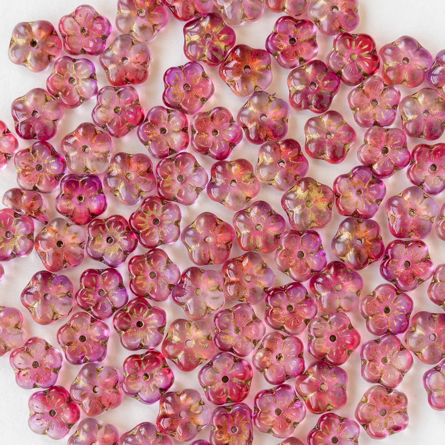 8mm Glass Flower Beads - Pink Mix with Gold Wash - 30 beads