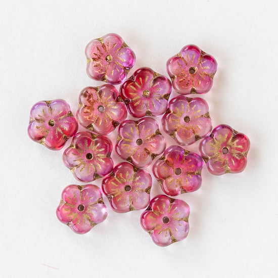 8mm Glass Flower Beads - Pink Mix with Gold Wash - 30 beads