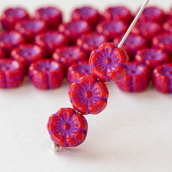 Load image into Gallery viewer, 8mm Glass Flower Beads - Red with Purple Wash - 20 beads
