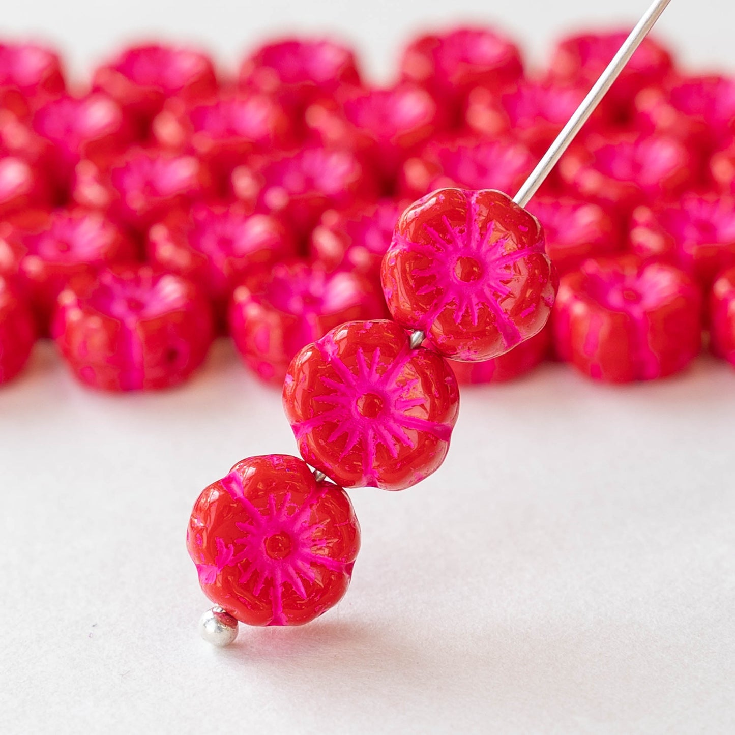 8mm Glass Flower Beads - Red with Pink Wash - 20 beads