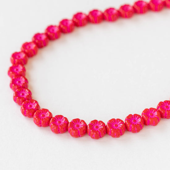 8mm Glass Flower Beads - Red with Pink Wash - 20 beads