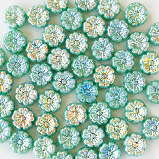 8mm Glass Flower Beads - Seafoam AB - 20 beads