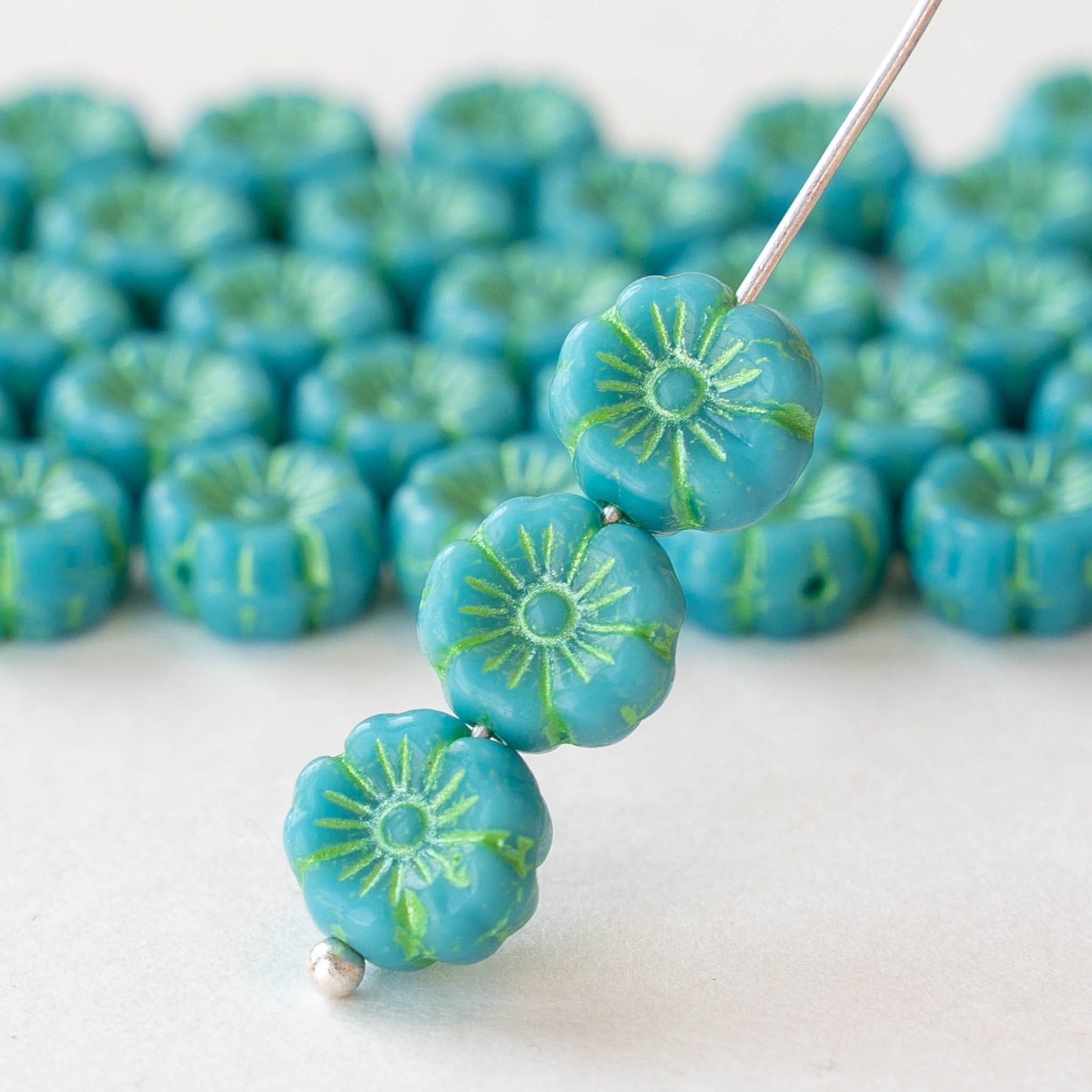 8mm Glass Flower Beads - Turquoise with Green Wash - 20 beads