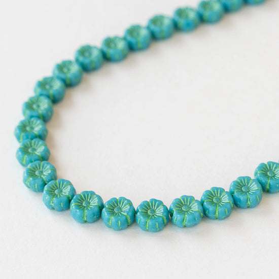 8mm Glass Flower Beads - Turquoise with Green Wash - 20 beads