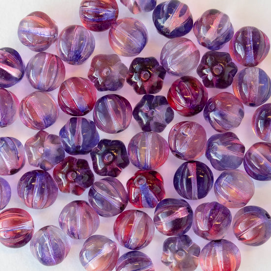 8mm Melon Beads - Transparent Purple Red Mix - 25
