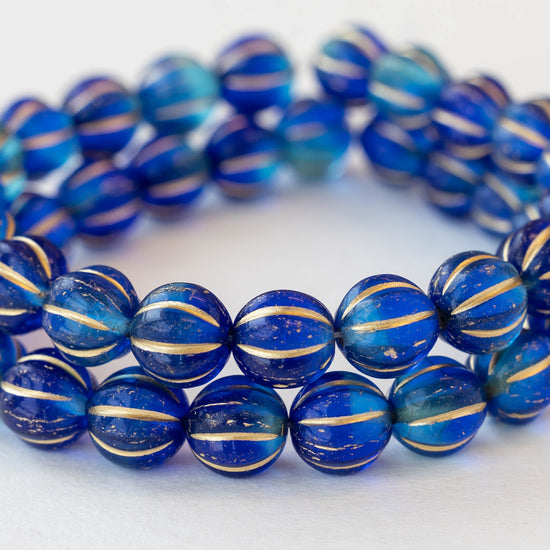 Load image into Gallery viewer, 8mm Melon Beads - Sapphire Blue with Gold Wash - 20 Beads
