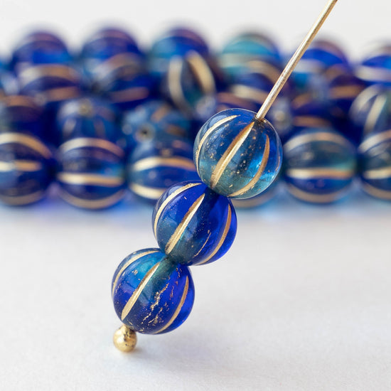 Load image into Gallery viewer, 8mm Melon Beads - Sapphire Blue with Gold Wash - 20 Beads
