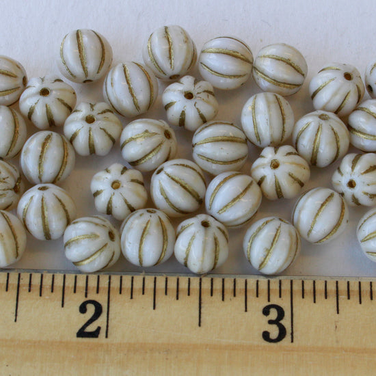 Load image into Gallery viewer, 8mm Melon Beads - Opaque Ivory with Gold Wash - 20 Beads
