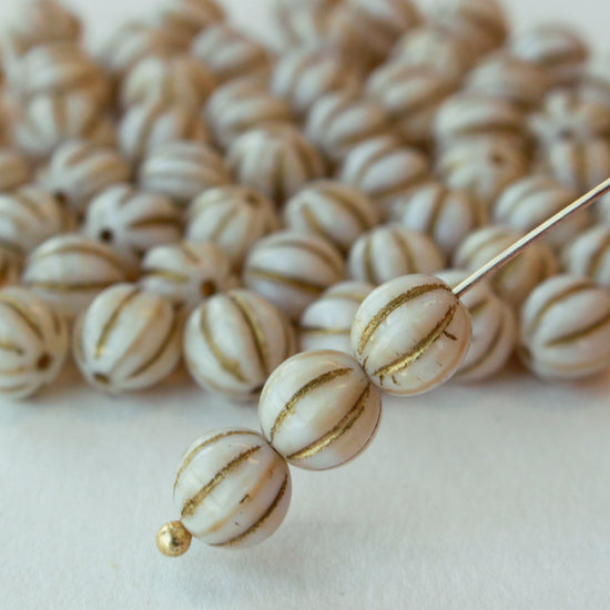 Load image into Gallery viewer, 8mm Melon Beads - Opaque Ivory with Gold Wash - 20 Beads

