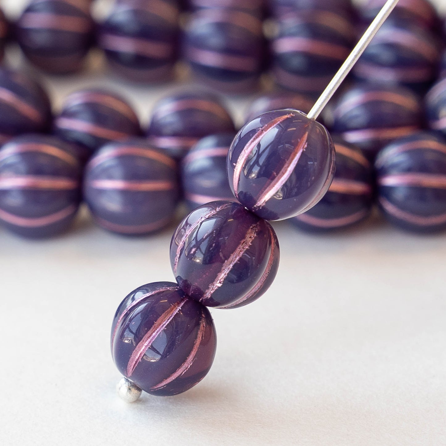 8mm Melon Beads - Purple with Pink Wash - 20 Beads