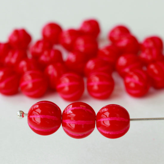 8mm Melon Beads - Red with Pink Wash - 30 beads