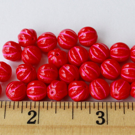8mm Melon Beads - Red with Pink Wash - 30 beads
