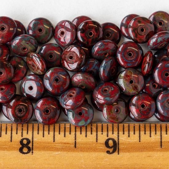 8mm Rondelle Beads - Opaque Red Picasso - 30