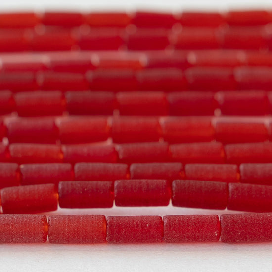 Load image into Gallery viewer, 4x9mm Frosted Glass Tube Beads - Red - 48 Beads
