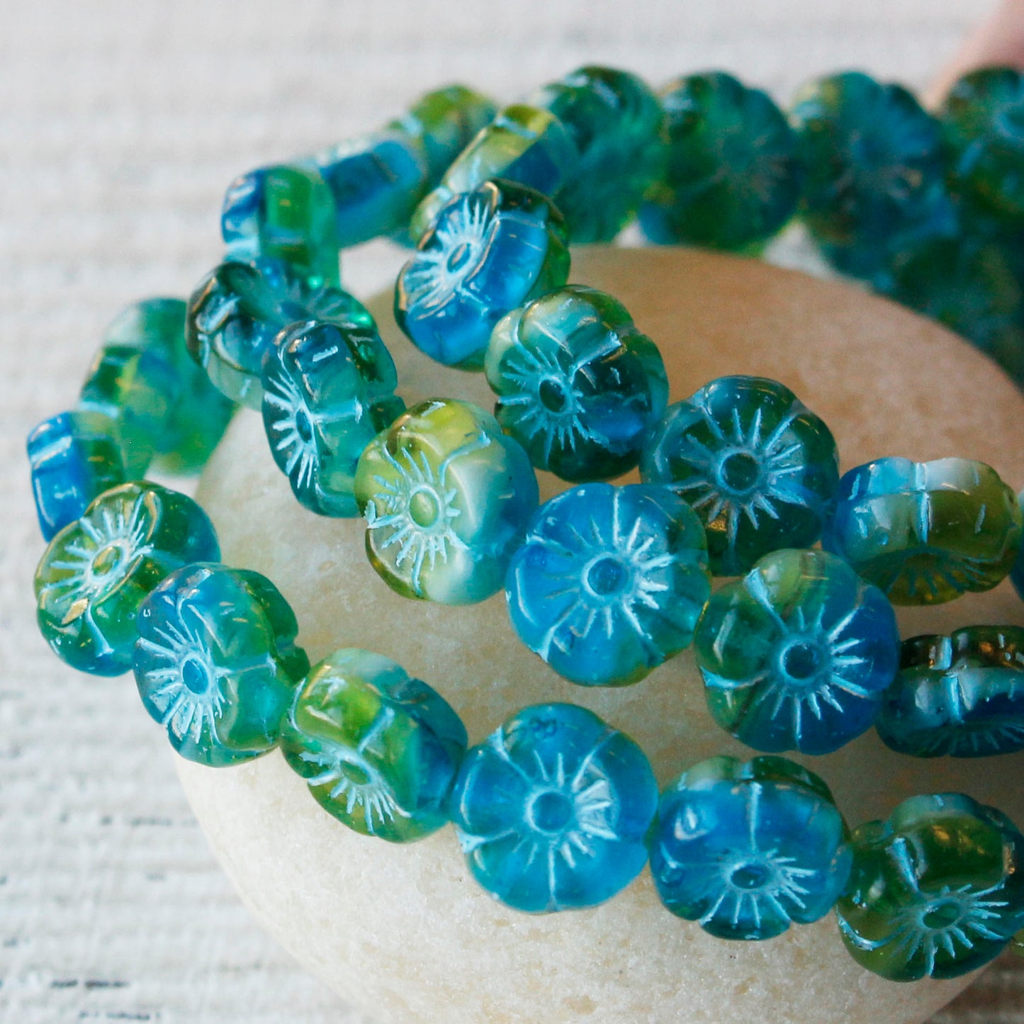 8mm Glass Flower Beads - Blue Green Mix - 10 or 30 Beads