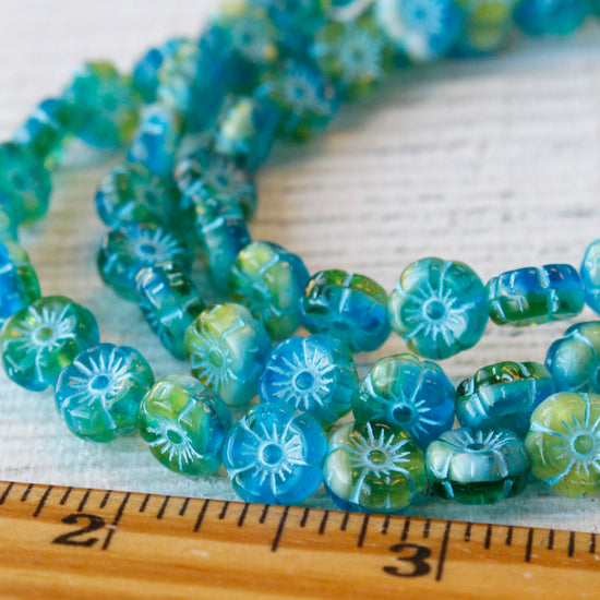8mm Glass Flower Beads - Blue Green Mix - 10 or 30 Beads