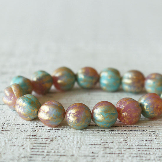 8mm Melon Bead - Pink and Seafoam with Gold Dust -  20