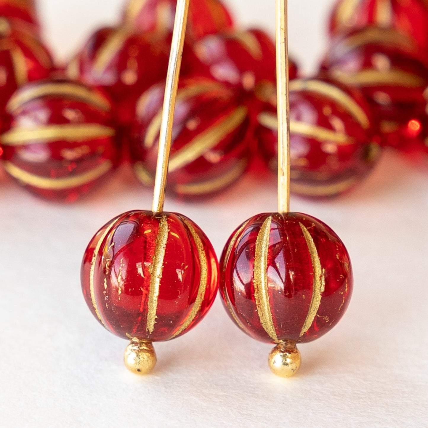 10mm Melon Beads - Ruby Red with Gold Wash - 15 Beads