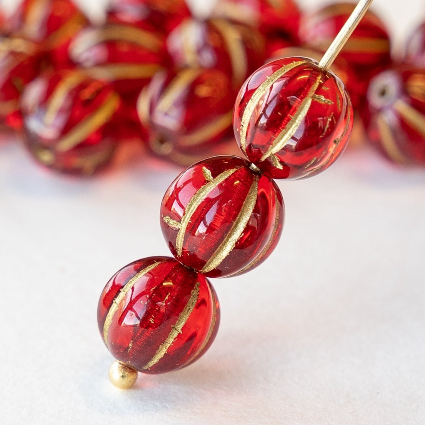 10mm Melon Beads - Ruby Red with Gold Wash - 15 Beads
