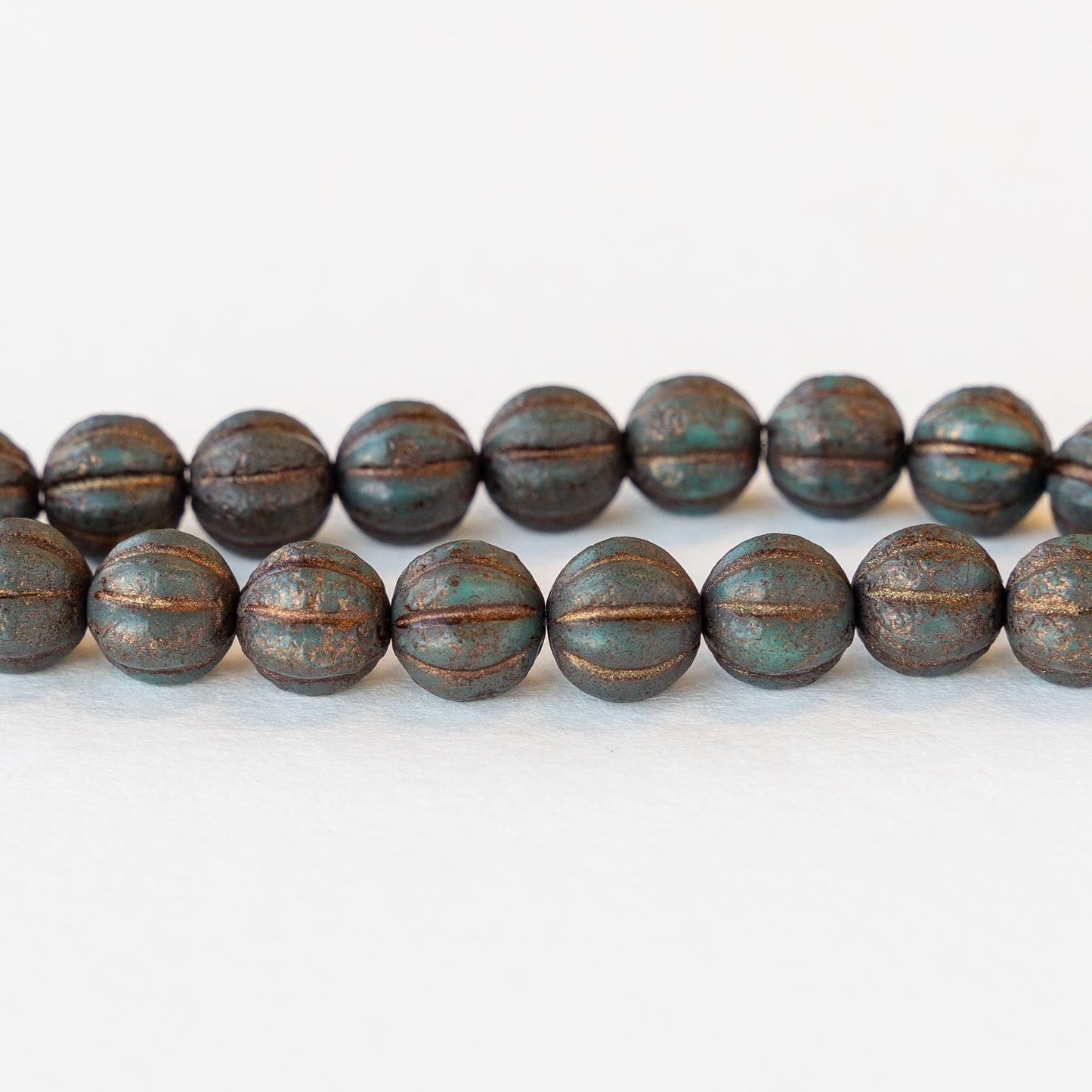 8mm Melon Beads - Dark Turquoise with Bronze Wash - 30 Beads