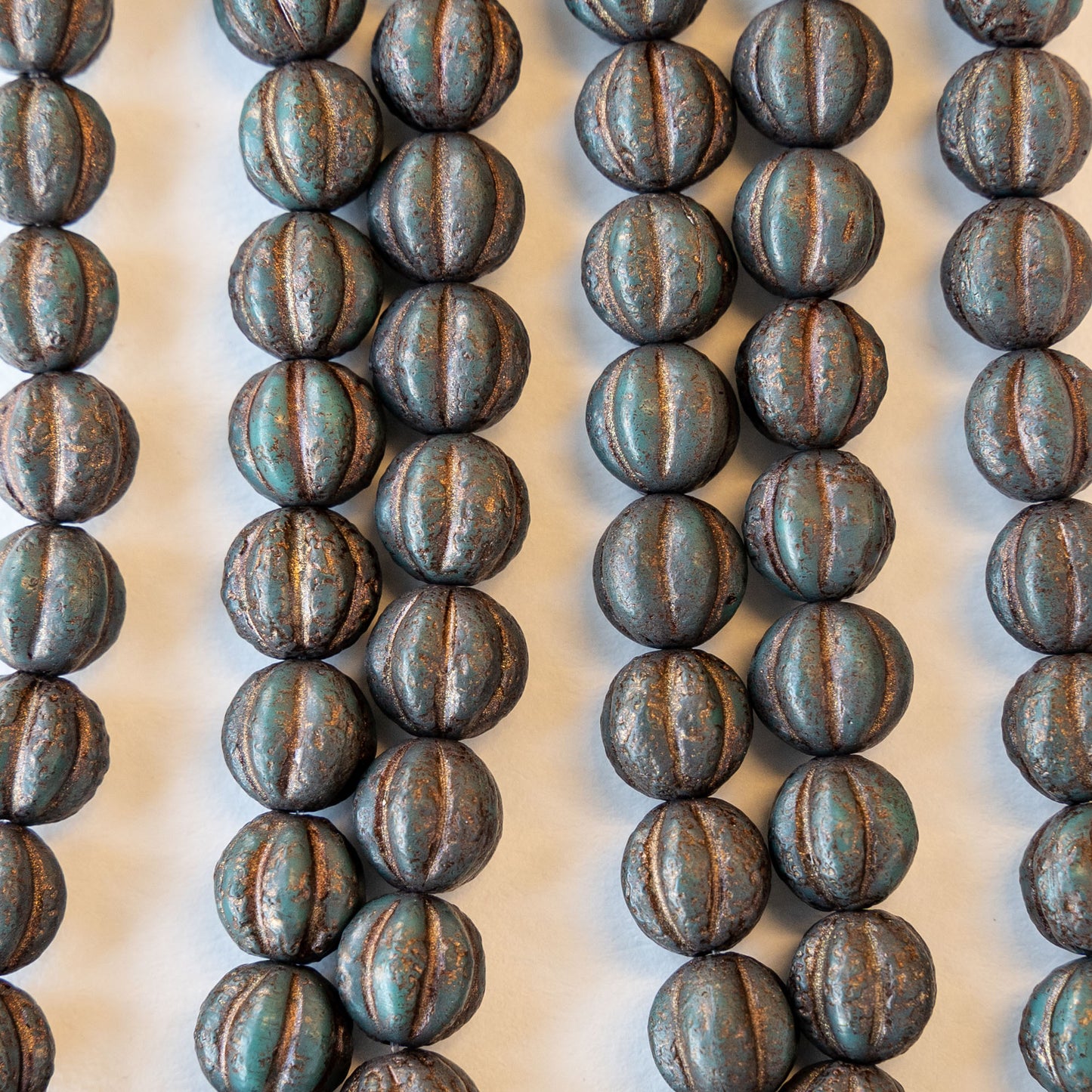 8mm Melon Beads - Dark Turquoise with Bronze Wash - 30 Beads
