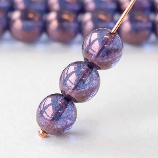 8mm Round Glass Beads - Blue and Purple Bronze Luster - 25 Beads