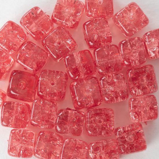 9x11mm Glass Cube Beads - Pink Crackle - 30 Beads
