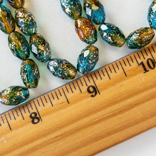 12x8mm Firepolished Glass Oval Beads - Amber Aqua with Gold Dust - 12 Beads