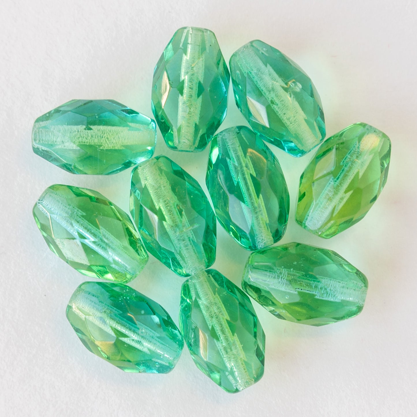 12x8mm Firepolished Glass Oval Beads - Aqua Green Mix - 10 beads