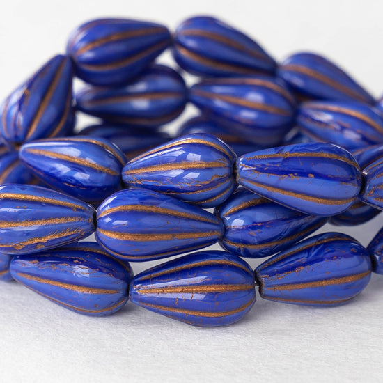 8x13mm Melon Drop - Blue Silk With Gold Wash - 10 Beads