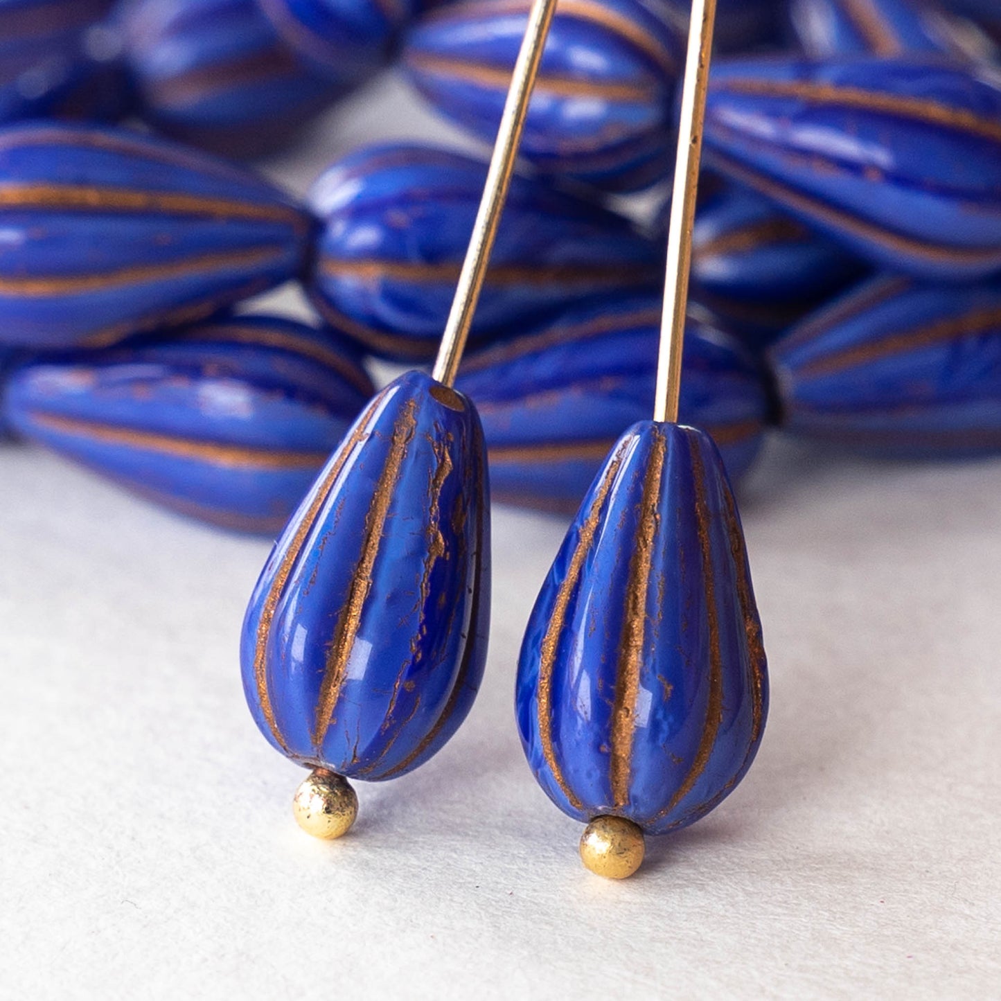 8x13mm Melon Drop - Blue Silk With Gold Wash - 10 Beads