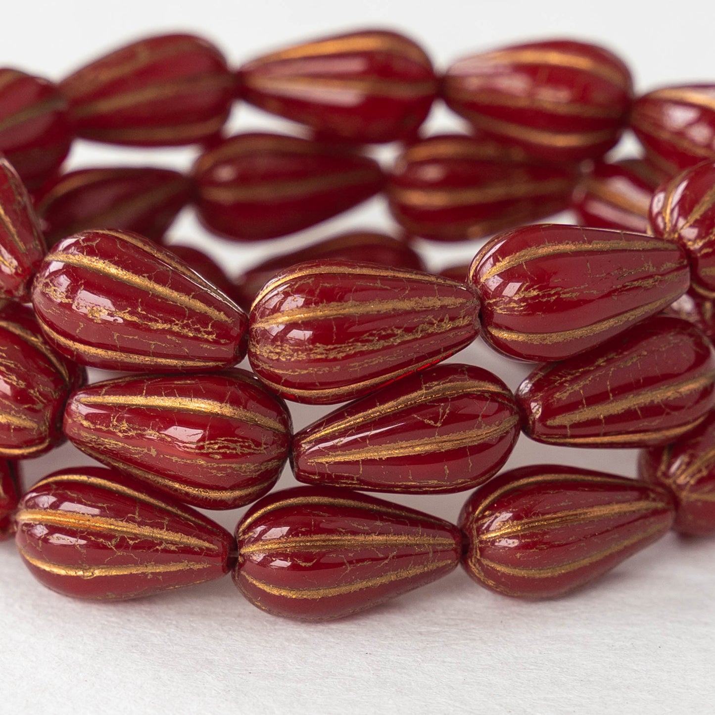 8x13mm Melon Drop - Opaque  Dark Red with Gold - 10 Beads