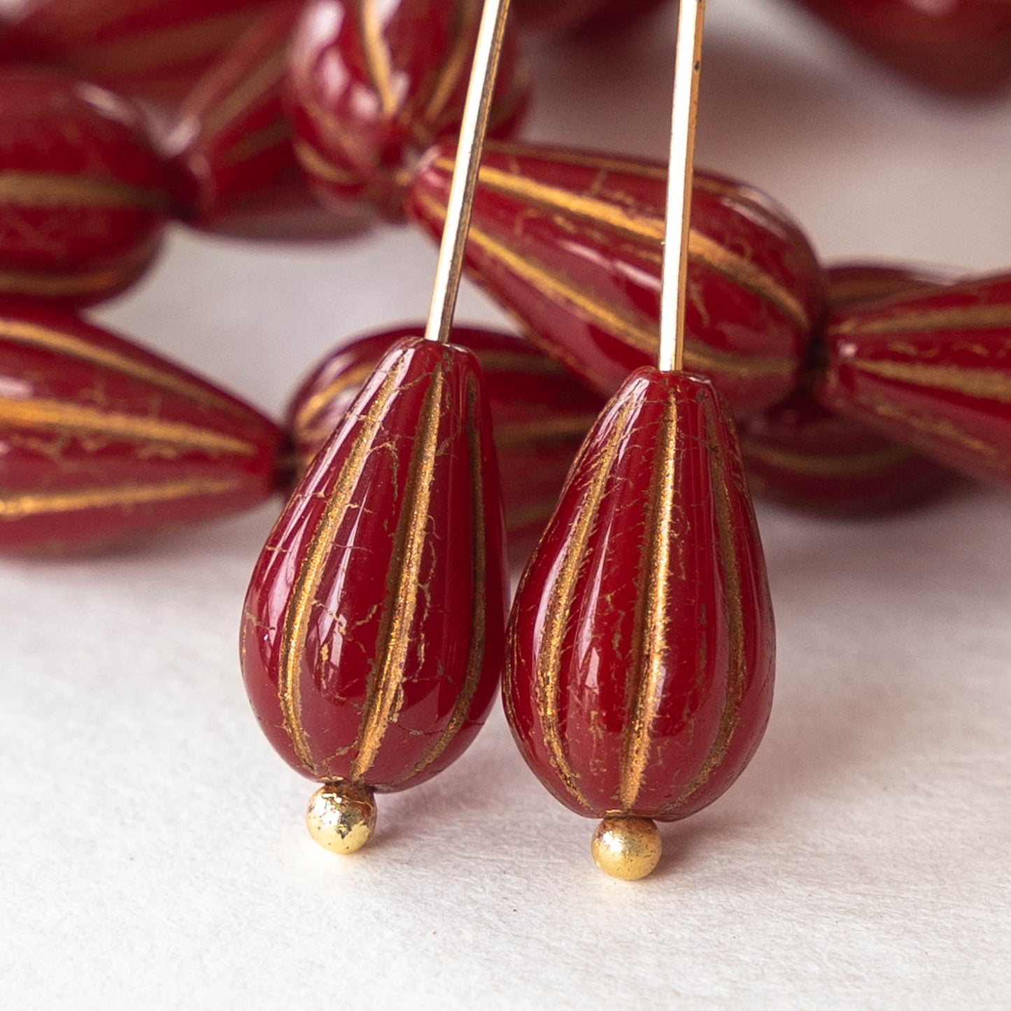 8x13mm Melon Drop - Opaque  Dark Red with Gold - 10 Beads