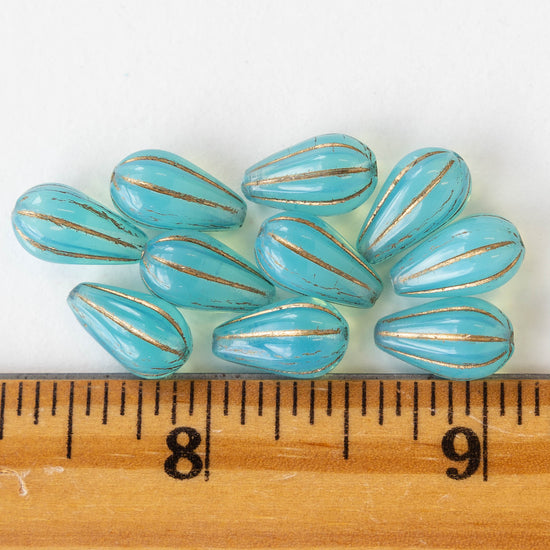 8x13mm Glass Melon Teardrop Beads - Opaline Aqua with Gold Wash - 10 Beads