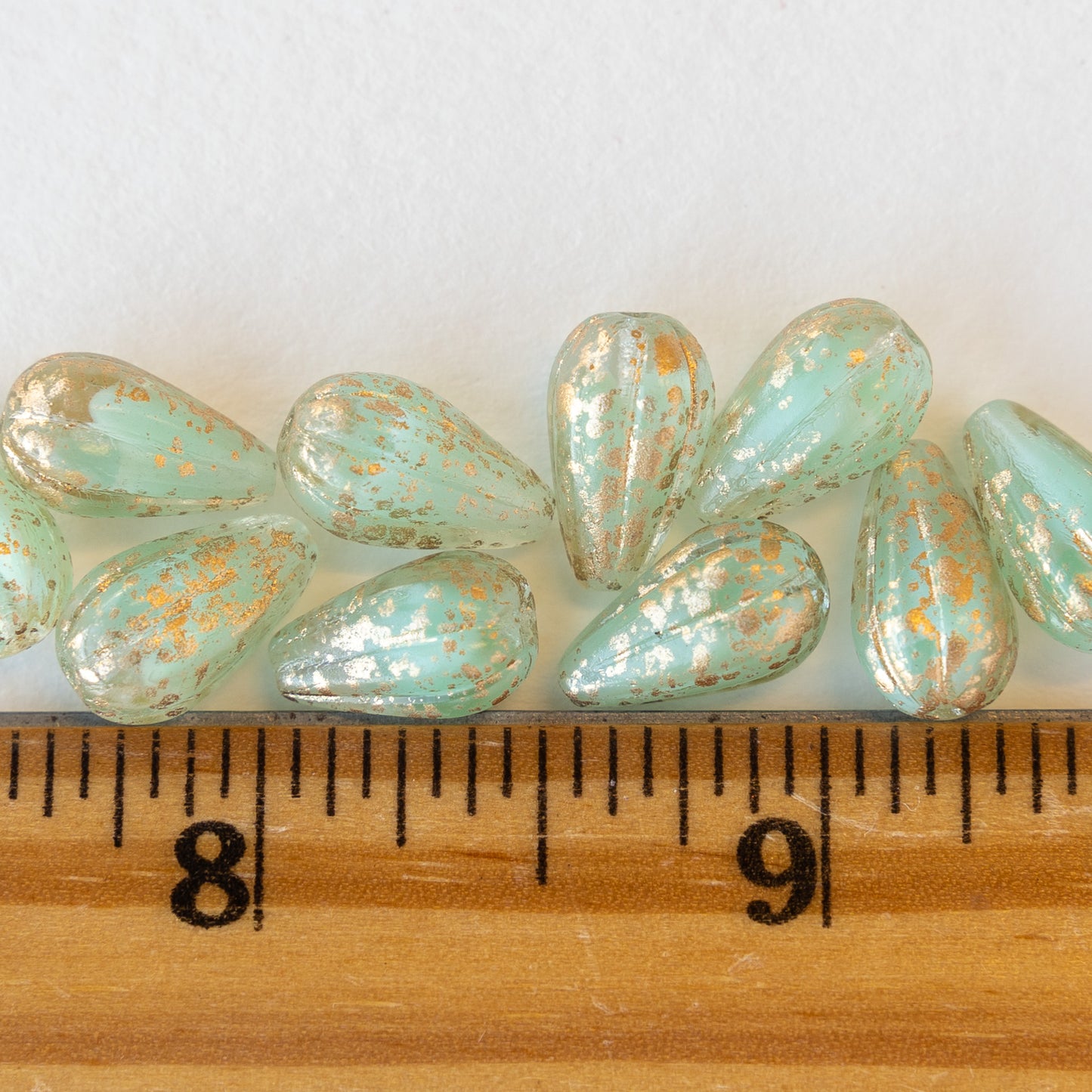 8x13mm Melon Drop - Silky Seafoam Green with Antique Gold Finish - 10 Beads