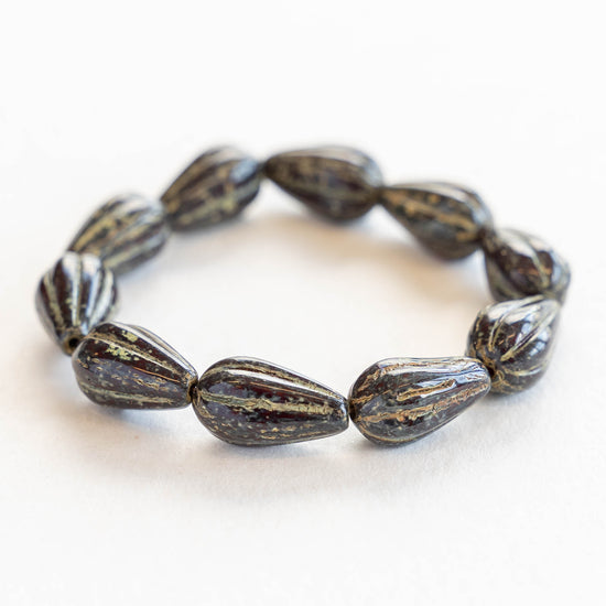 8x13mm Melon Drop - Black with Picasso Finish - 10 Beads