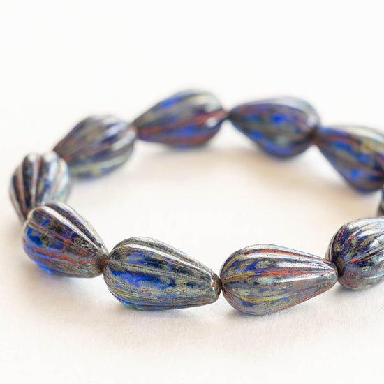 8x13mm Melon Drop - Cobalt Blue with Picasso Finish - 10 Beads