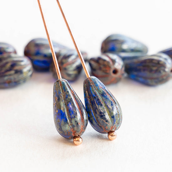 8x13mm Melon Drop - Cobalt Blue with Picasso Finish - 10 Beads