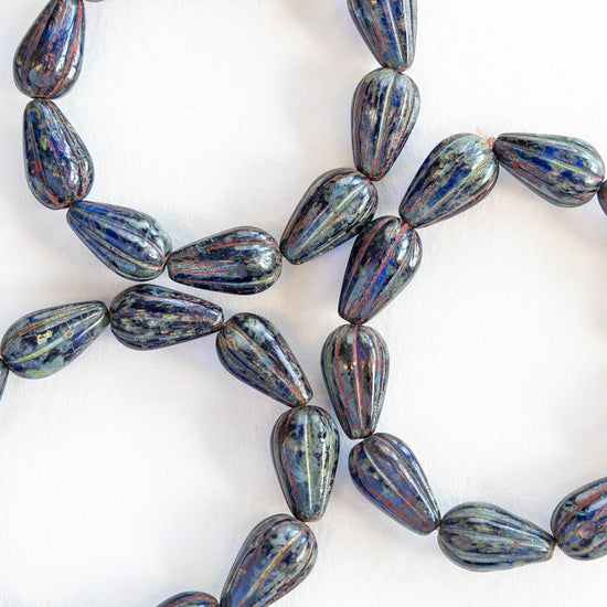 Load image into Gallery viewer, 8x13mm Melon Drop - Cobalt Blue with Picasso Finish - 10 Beads
