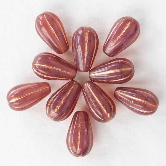 Load image into Gallery viewer, 8x15mm Melon Drop - Opaline Rose with a Copper Wash - 10 Beads
