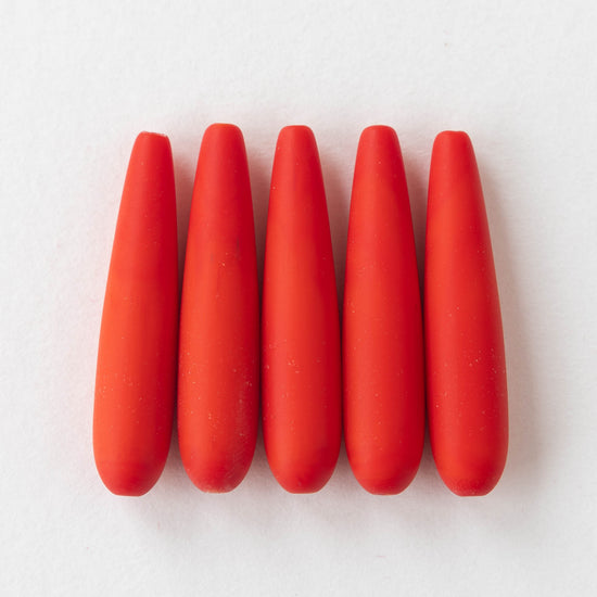 8x38mm Frosted Glass Long Drill Drops - Opaque Bright Vermilion - 4 Beads