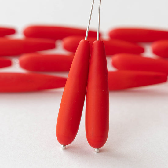 8x38mm Frosted Glass Long Drill Drops - Opaque Bright Vermilion - 10 Beads