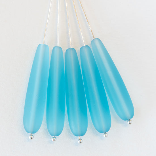 8x38mm Frosted Glass Long Drill Drops - Aqua - 10 Beads