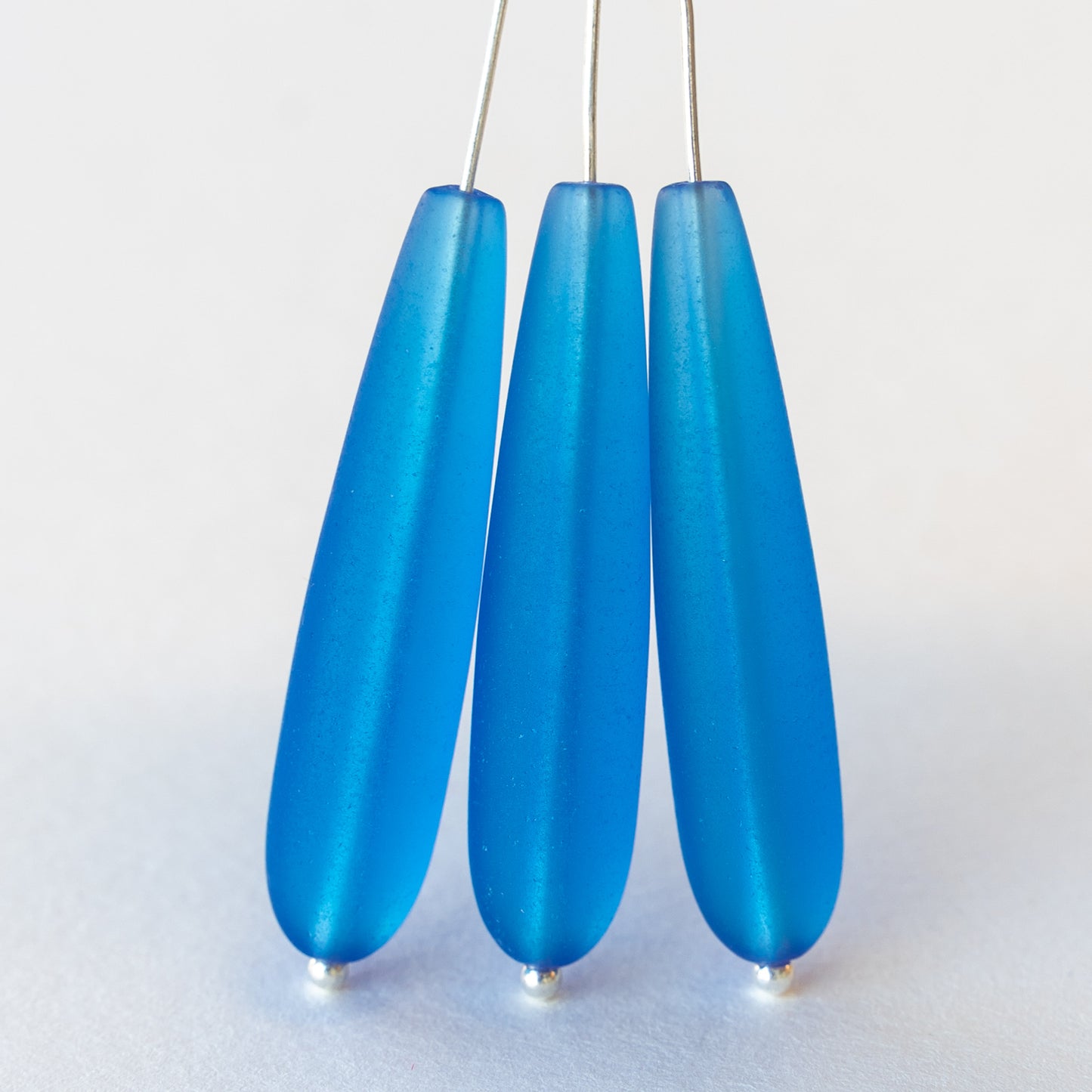 8x38mm Frosted Glass Long Drill Drops - Ocean Blue - 10 Beads