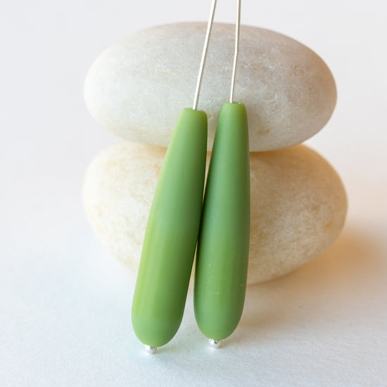 8x38mm Frosted Glass Long Drill Drops - Opaque Olive Green - 10 Beads