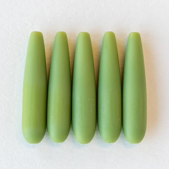 8x38mm Frosted Glass Long Drill Drops - Opaque Olive Green - 10 Beads