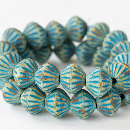 9mm Glass Bi-cone - Ivory with Aqua Wash - 15 beads