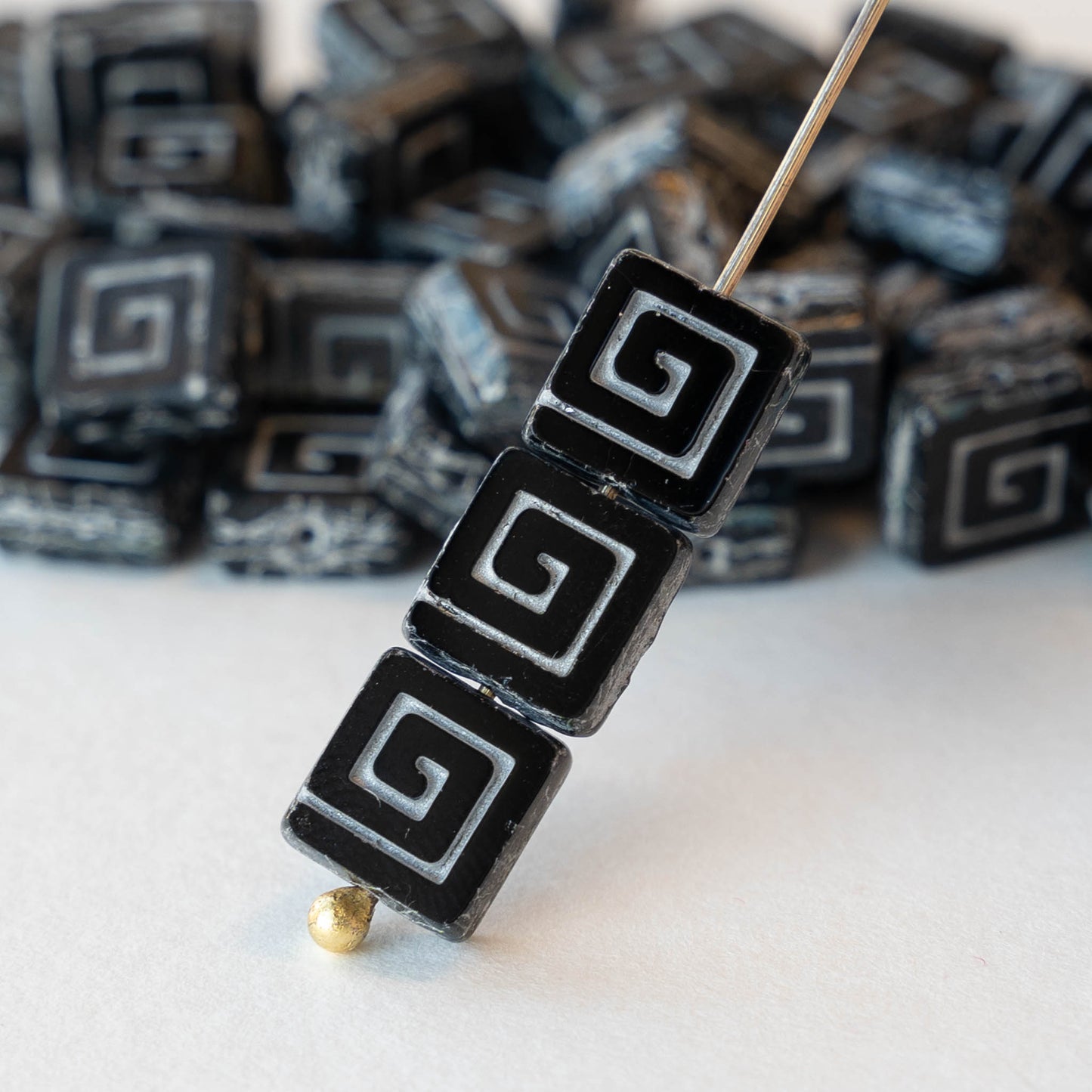 9mm Glass Tile Beads - Opaque Black with Square Spiral - 10