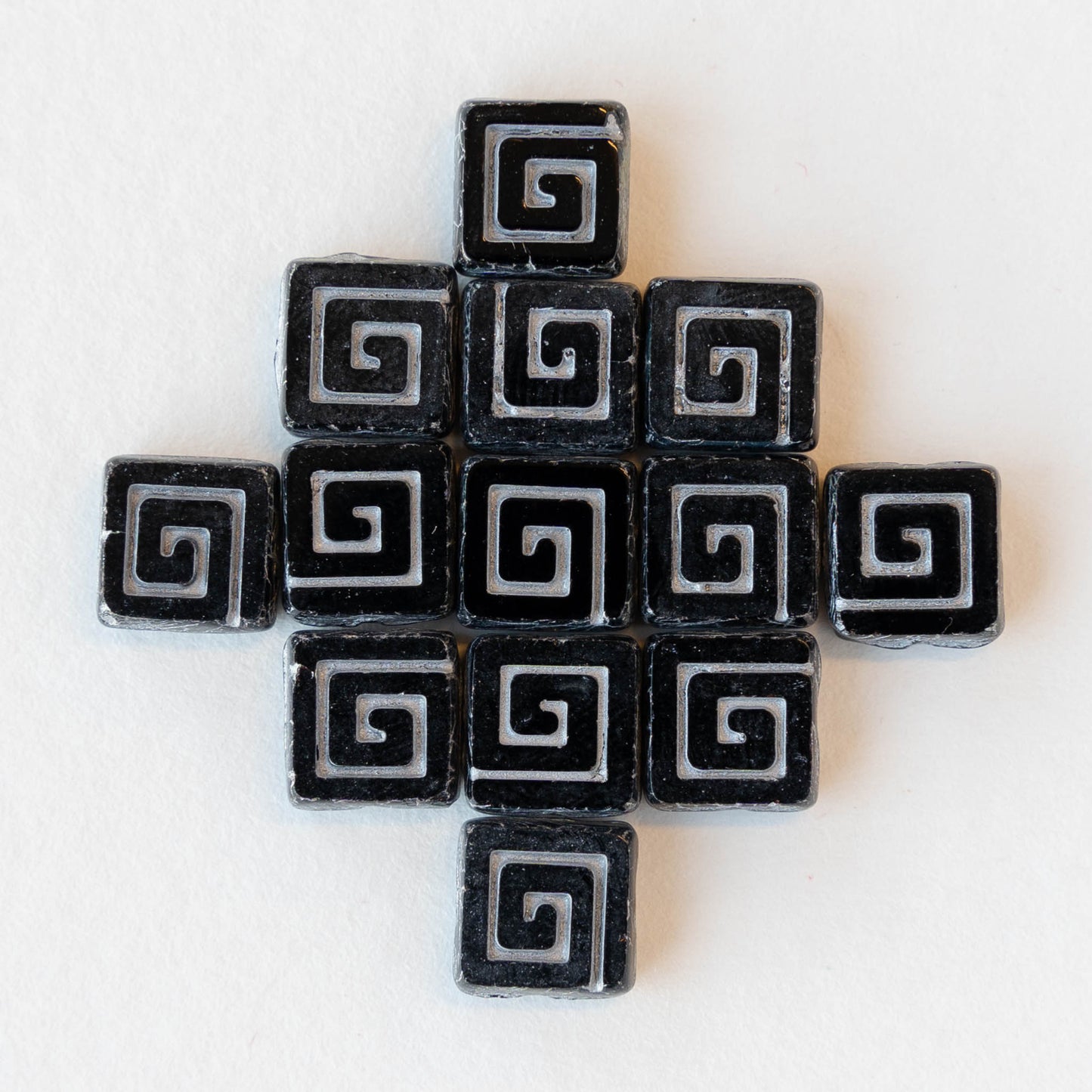 9mm Glass Tile Beads - Opaque Black with Square Spiral - 10